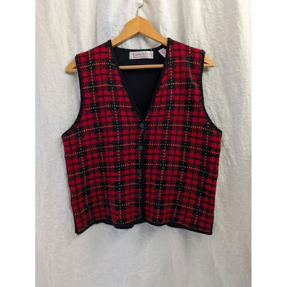 Karen Scott button up sweater vest red & black wool women's medium Vintage K4 - Picture 1 of 6